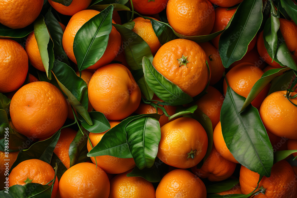 Fresh and Vibrant Mandarins with Green Leaves Fresh and Vibrant Mandarins with Green Leaves