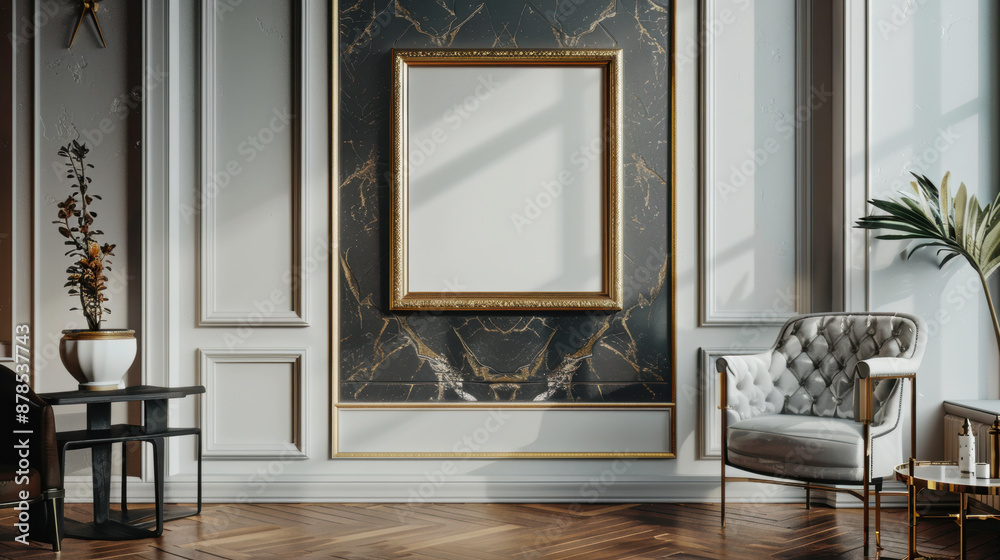 Mockup frame Empty frame Gold frame golden antique marble stone wall background Modern dark living room branches Mockup frame Empty frame Gold frame golden antique marble stone wall background Modern dark living room branches