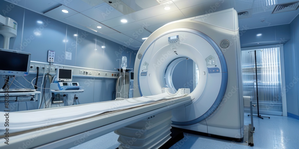 Advanced medical imaging equipment in a hospital room. Advanced medical imaging equipment in a hospital room.
