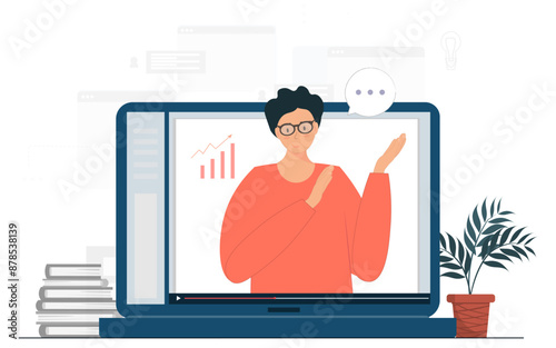 Person on online conference, meeting, online learning concept, video conference with team, remote work from home, flat vector illustration