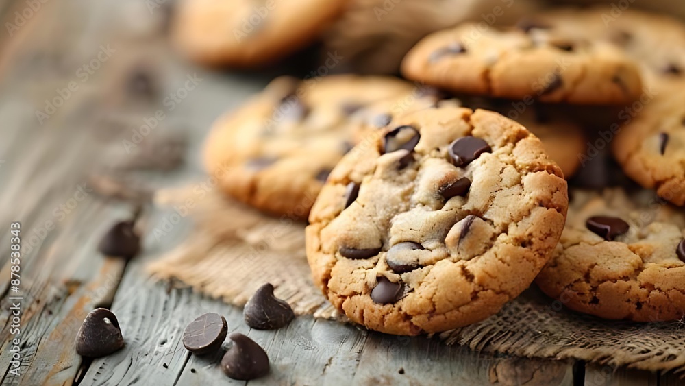 Close-up of rustic chocolate chip cookies on a wooden table with scattered chocolate chips, emphasizing a cozy, homemade feel.