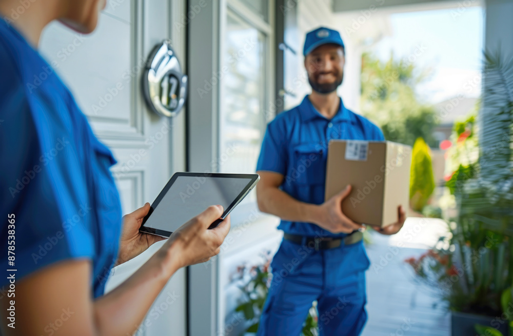 A young woman signs for a digital cell phone after receiving a package from a home courier. Delivery, mail, people and shipping concept. A young woman signs for a digital cell phone after receiving a package from a home courier. Delivery, mail, people and shipping concept.