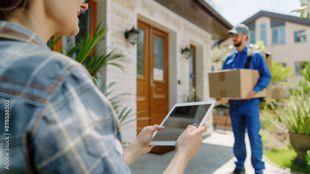 A young woman signs for a digital cell phone after receiving a package from a home courier. Delivery, mail, people and shipping concept. A young woman signs for a digital cell phone after receiving a package from a home courier. Delivery, mail, people and shipping concept.