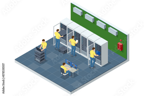 Isometric Network computing technologies. Digital space. Data storage. The data center provides data storage and processing, delivering high performance for big data analysis and machine learning.