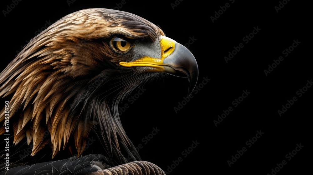 Fototapeta premium Eagle Head Profile: Panoramic Image on Black Background - Majestic Wildlife Banner for Nature Lovers