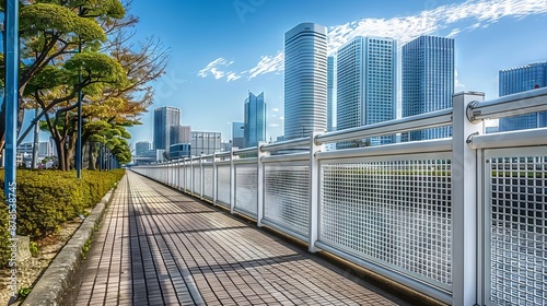 Modern City Skyline Along A Waterfront Path