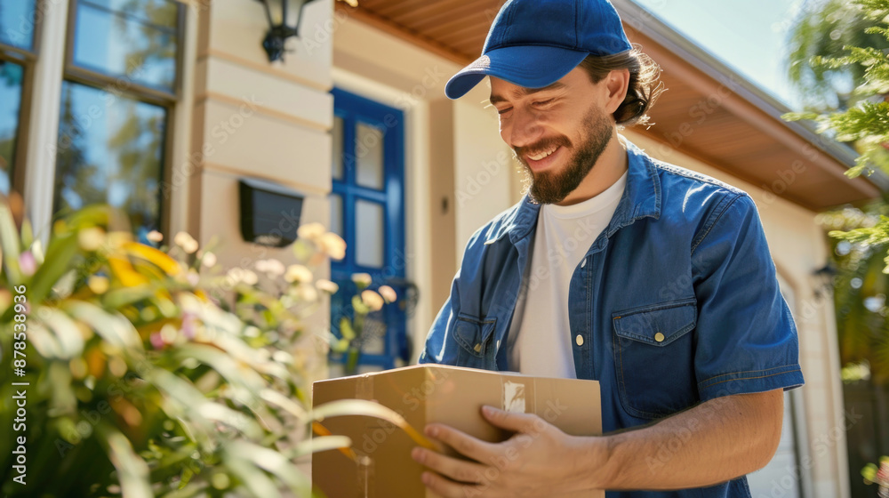 A male courier delivered a package outside his home. Delivery, mail, people and shipping concept. A male courier delivered a package outside his home. Delivery, mail, people and shipping concept.