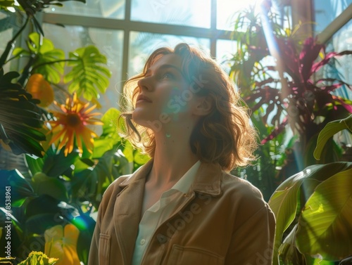 A woman stands amidst a variety of plants, possibly at a nursery or gardening store