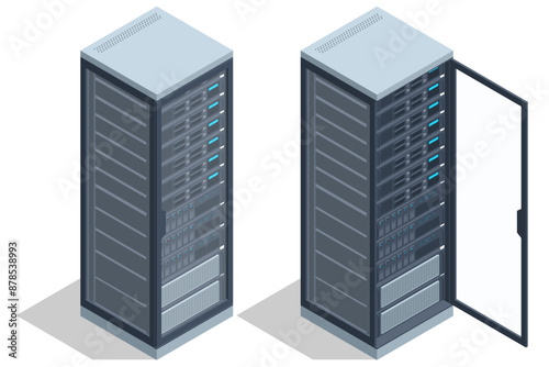 Isometric Network computing technologies. Digital space. Data storage. The data center provides data storage and processing, delivering high performance for big data analysis and machine learning.