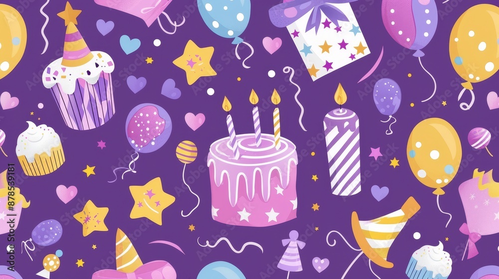 Seamless Vector Design Featuring Birthday Party Elements on Purple Background, Perfect for Wallpaper and Wrapping Paper Seamless Vector Design Featuring Birthday Party Elements on Purple Background, Perfect for Wallpaper and Wrapping Paper