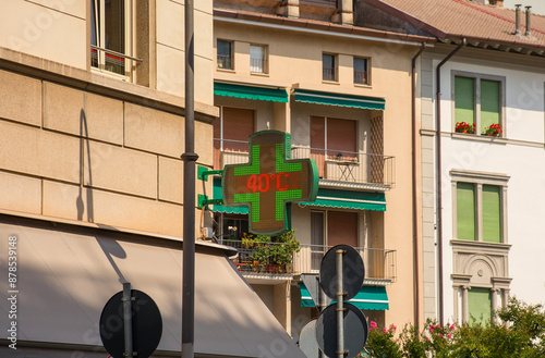 A pharmacy temperature display on July 9th 2024 in the centre of Udine, Friuli-Venezia Giulia, NE Italy. It is the start of the latest heatwave, and temperatures are already hitting 40 C/104 F