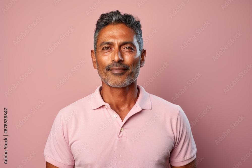 Portrait of a satisfied indian man in his 40s wearing a sporty polo shirt in pastel or soft colors background Portrait of a satisfied indian man in his 40s wearing a sporty polo shirt in pastel or soft colors background
