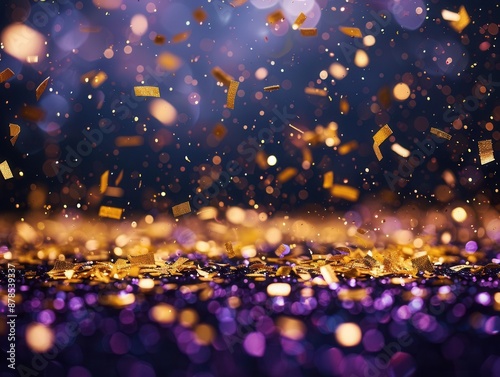 A shower of golden confetti descending gracefully over a dark purple background