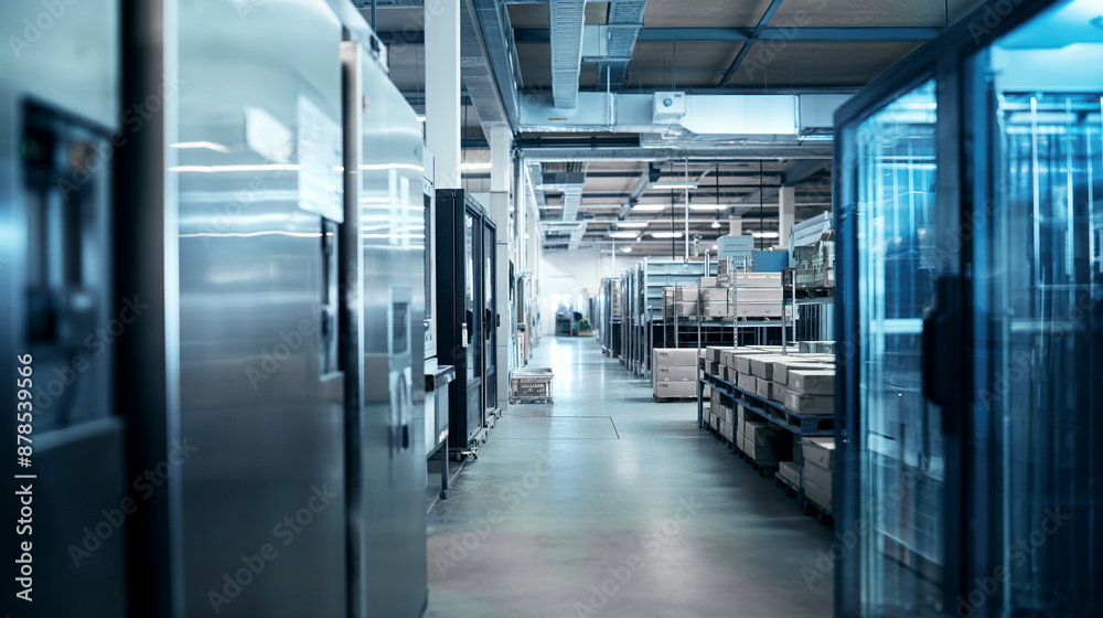 A modern industrial warehouse interior with rows of shelving and equipment. A modern industrial warehouse interior with rows of shelving and equipment.
