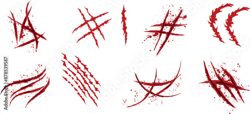 Cat claw scratches with blood drops, red torn slashes