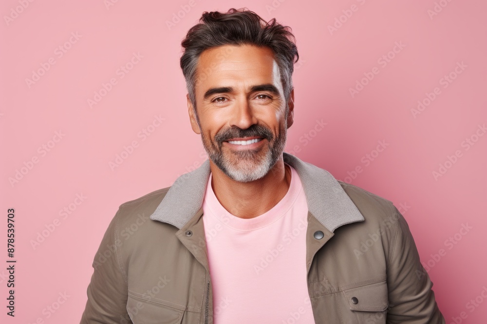Portrait of a blissful man in his 40s sporting a stylish varsity jacket isolated on pastel or soft colors background