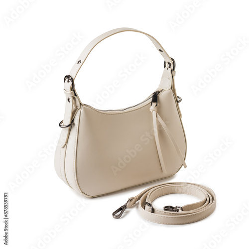 beige women's leather bag on a white background