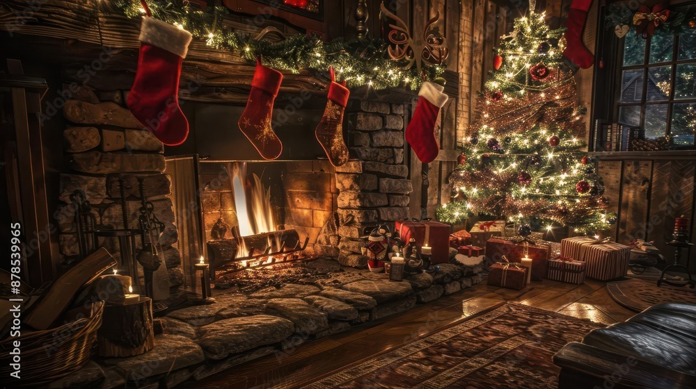 Fototapeta premium A cozy fireplace with stockings and a decorated Christmas tree, Holiday, Warm tones, Photography, capturing the warmth and joy of the festive season
