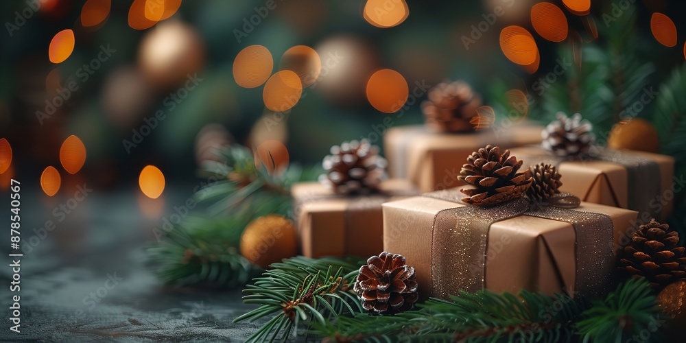 Christmas and New Year Background: Gift Boxes, Pine Cones, and Branches with Bokeh Garland Lights Christmas and New Year Background: Gift Boxes, Pine Cones, and Branches with Bokeh Garland Lights