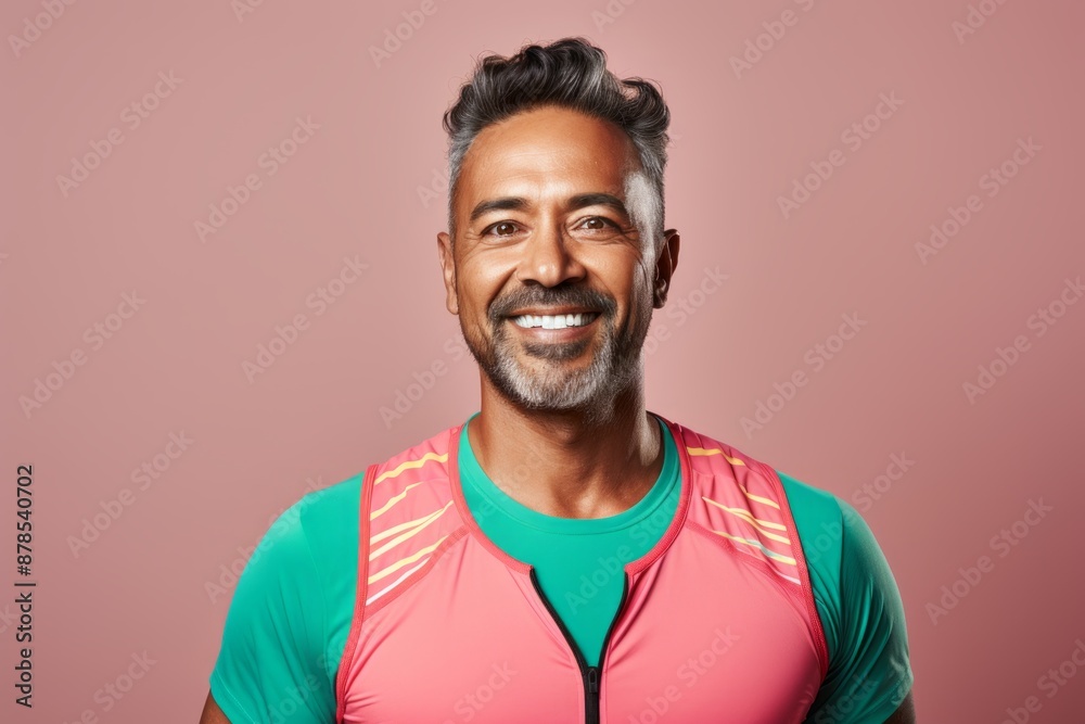 Portrait of a merry indian man in his 40s wearing a lightweight running vest on pastel or soft colors background Portrait of a merry indian man in his 40s wearing a lightweight running vest on pastel or soft colors background