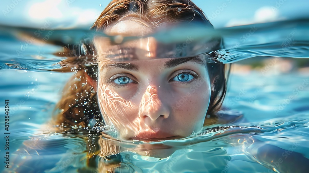 Portrait of a woman half-submerged in water with intense gaze Portrait of a woman half-submerged in water with intense gaze