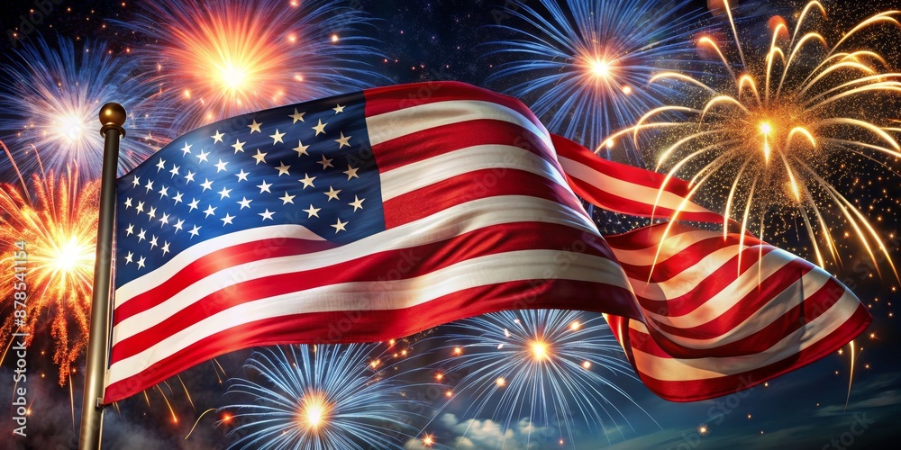 American Flag Waving in Fireworks Display, USA , Fourth of July , Patriotic , Independence Day American Flag Waving in Fireworks Display, USA , Fourth of July , Patriotic , Independence Day