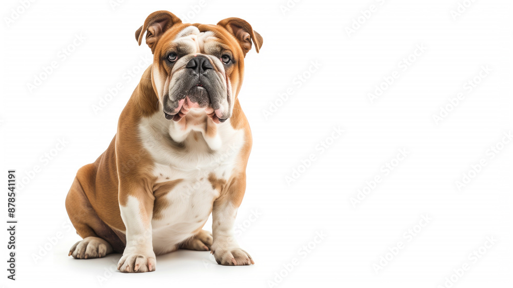 Charming Bulldog Sitting and Looking Ahead on White Background