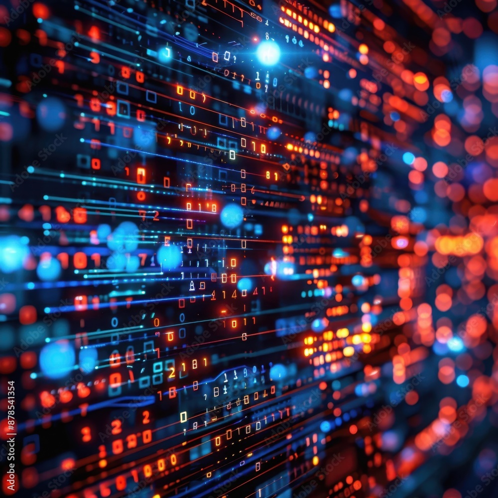 Modern digital backdrop with holographic elements, binary code, and tech symbols, designed for technological workflows and innovations Modern digital backdrop with holographic elements, binary code, and tech symbols, designed for technological workflows and innovations