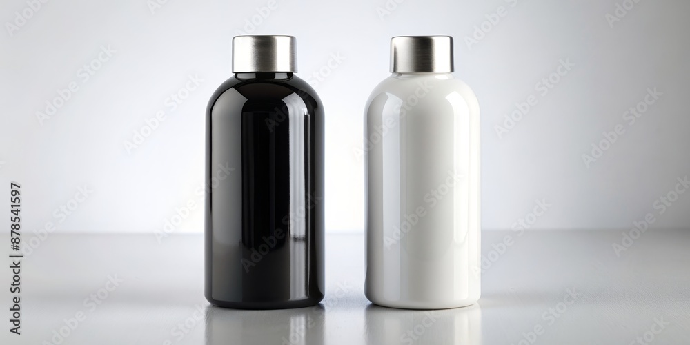 Black and White Bottles with Metallic Caps, Composition of Two Bottles, Minimalist Product Photography, Branding Mockup, bottle, design, product, brand Black and White Bottles with Metallic Caps, Composition of Two Bottles, Minimalist Product Photography, Branding Mockup, bottle, design, product, brand
