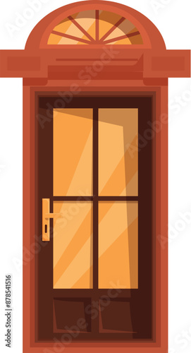 Closed elegant brown wooden front door with arched transom, sidelights and golden handle is waiting for a visitor