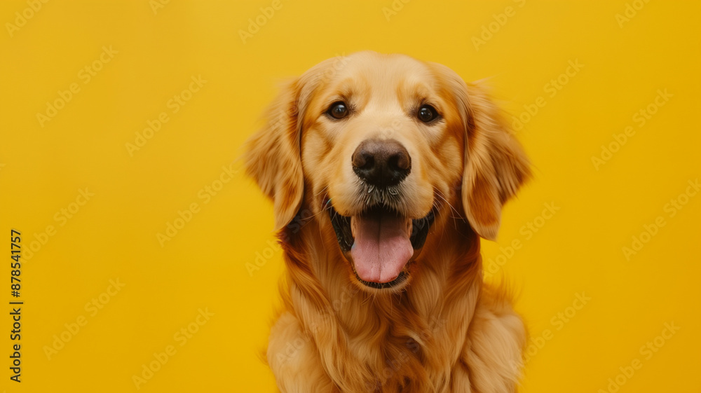 Obraz premium Smiling Golden Retriever on Vibrant Yellow Background