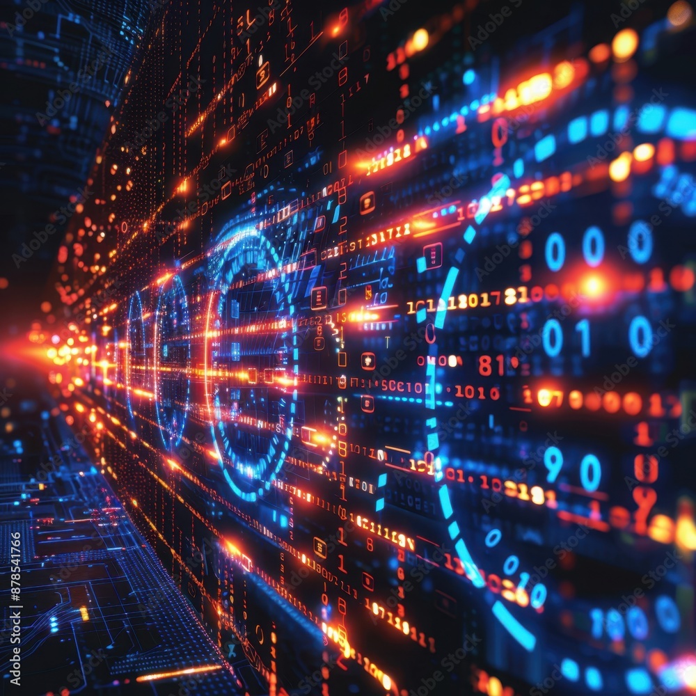 Modern digital backdrop with holographic elements, binary code, and tech symbols, designed for technological workflows and innovations Modern digital backdrop with holographic elements, binary code, and tech symbols, designed for technological workflows and innovations