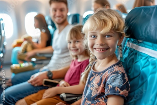 Family with two young girls enjoying the airplane flight