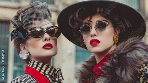 Fototapeta Naklejka Na Ścianę i Meble -  Two women in chic sunglasses walk the streets of Paris during Fashion Week