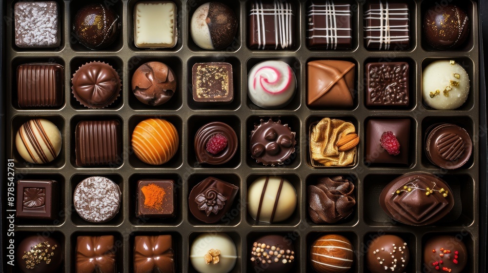 A meticulously arranged array of gourmet chocolates and confections, presented in an elegant box with decorative ribbons, ideal for food and beverage photography and high-end retail catalogs, A meticulously arranged array of gourmet chocolates and confections, presented in an elegant box with decorative ribbons, ideal for food and beverage photography and high-end retail catalogs,