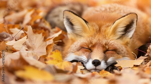 Fox curled up and sleeping under a blanket of fallen leaves, cozy, tranquil