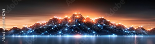 Abstract futuristic landscape with glowing connections resembling a digital network on a mountain range at sunset.