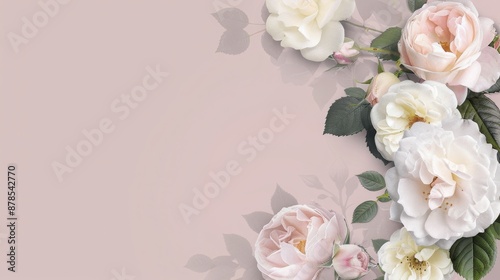 Floral Banner: White Roses on Pastel Grey Background - Natural Flowers Wallpaper or Greeting Card