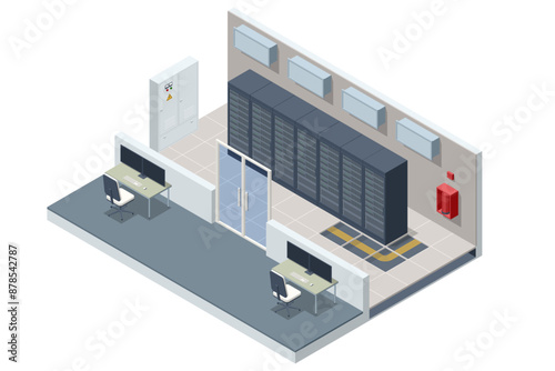 Isometric Network computing technologies. Digital space Data storage Data centers support cloud computing and virtualization, offering resources for creating, managing virtual servers and applications