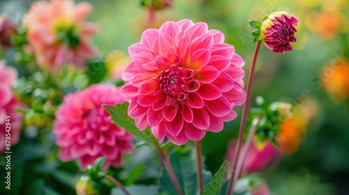 Pink dahlia flower in real garden; Shallow depth