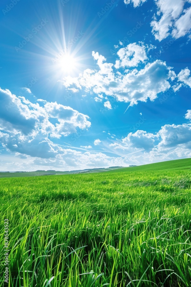 A scenic image of a lush green grass field with a clear blue sky above, perfect for nature and outdoor themed projects A scenic image of a lush green grass field with a clear blue sky above, perfect for nature and outdoor themed projects