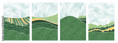 Watercolor landscape green hill, mountain, forest, Japanese scenery, sky backdrop. Minimalist oriental artwork, countryside: rice paddy, wheat field, organic garden. Ink texture, tranquil summer scene