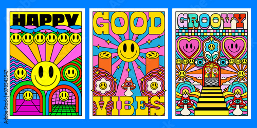 Cool Set Of Groovy Posters. Collection Of Y2k Abstract Pattern Vector Design. Pop Art Illustration.