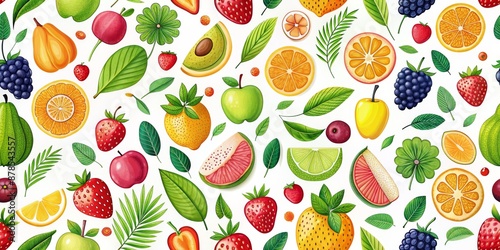 Colorful Fruit and Leaf Pattern, Digital Illustration, Seamless Pattern, Fruits, Leaves, White Background, Digital Art, Illustration, Graphic Design , Fruit Pattern, Nature Pattern