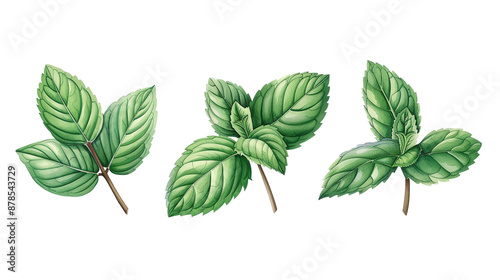 Three detailed illustrations of fresh mint leaves isolated on a white background, perfect for culinary, herbal, or natural themes.