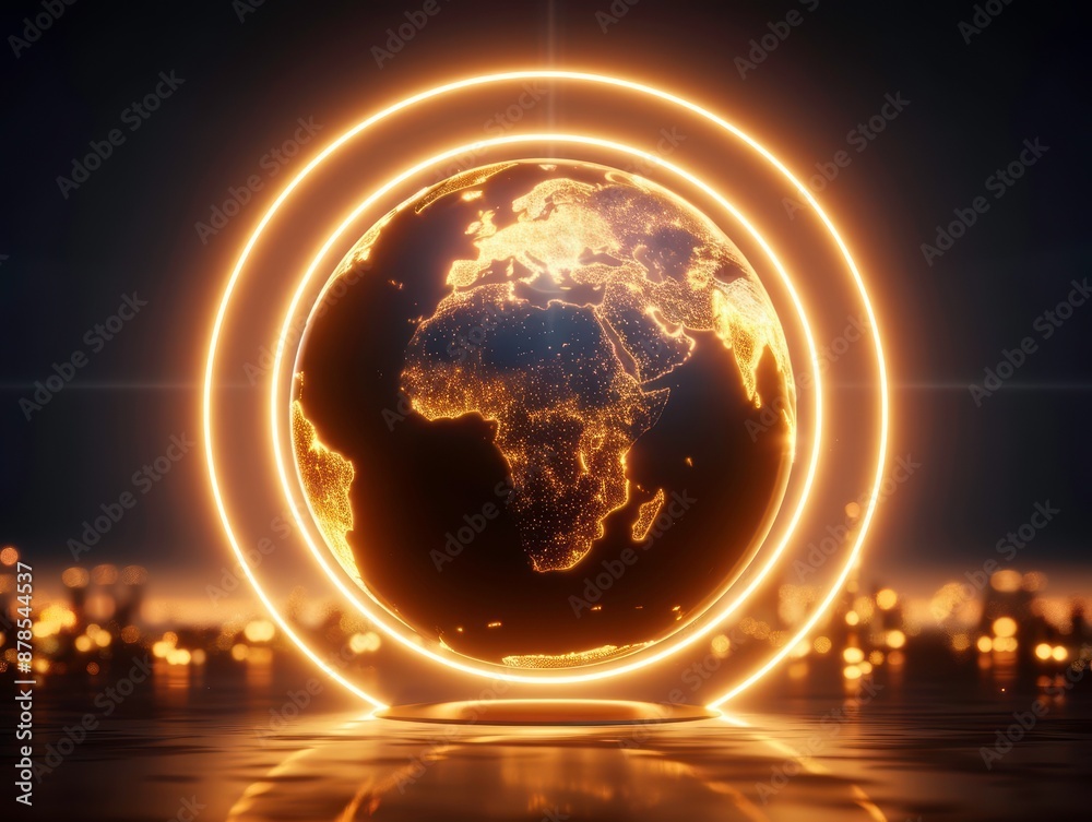 Stunning digital rendering of Earth encircled by glowing golden rings, symbolizing global connection and innovation. Stunning digital rendering of Earth encircled by glowing golden rings, symbolizing global connection and innovation.