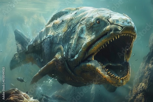 Dunkleosteus dominating ancient seas, armored fish, powerful and fierce photo