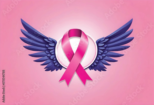 a breast cancer pink ribbon with an evil wings and white circle on pink background