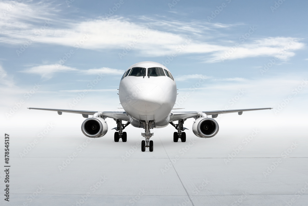 Naklejka premium Front view of the white passenger airplane isolated on bright background with sky