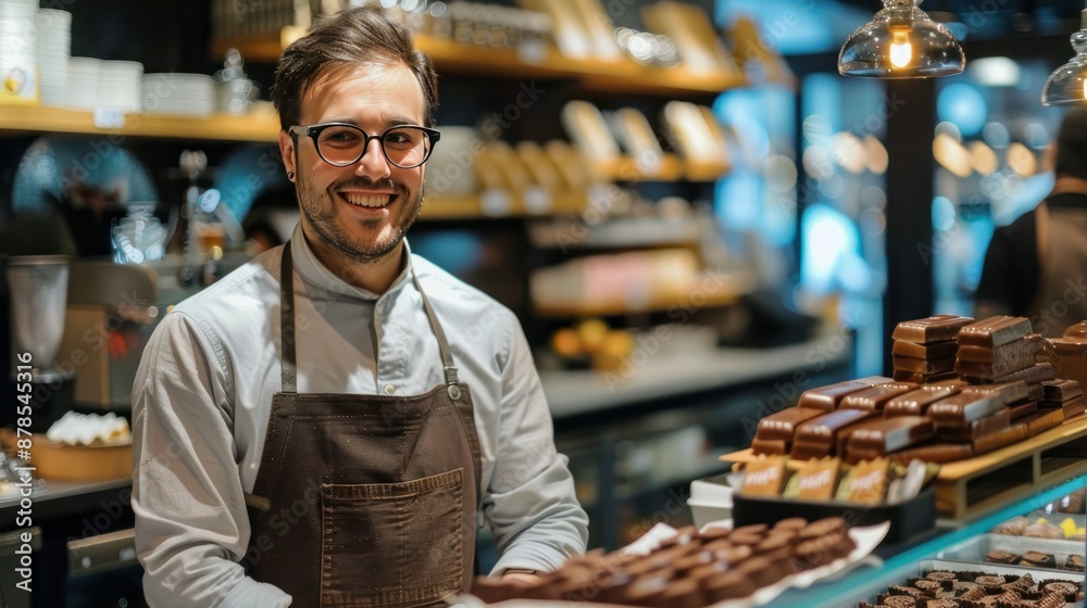 Portrait of a smiling male shop assistant in apron standing at the counter with chocolate bars Portrait of a smiling male shop assistant in apron standing at the counter with chocolate bars